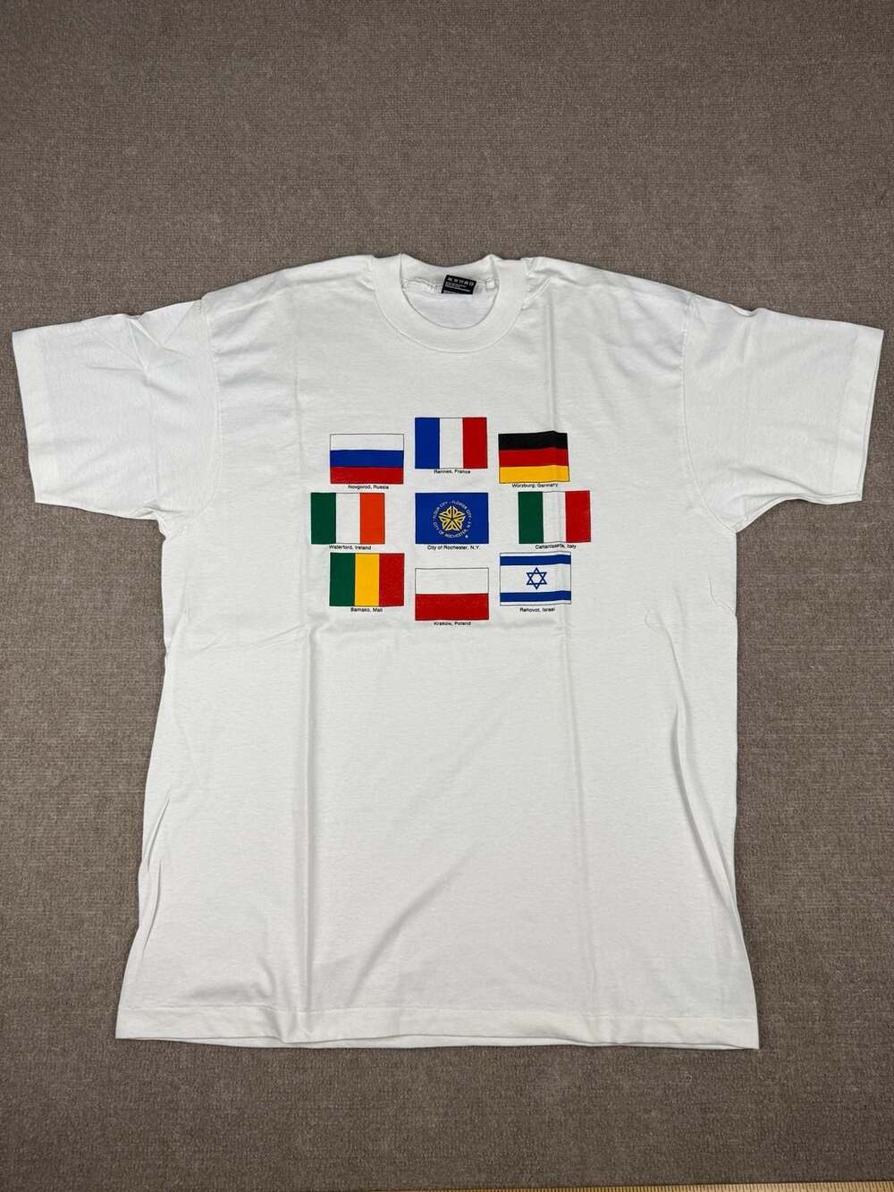 Vintage Single Stitch 1990s City of Rochester NY Sister Cities World Flags Graph